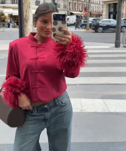 Mandarin Collar Cropped Jacket Women Frog Buttons Faux Fur Cuff Slim Fit Short Coat 2026 Elegant Party Date Ladies Outerwear