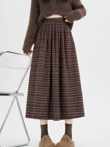 High Waist Plaid Woolen A-Line Skirt plus Size Autumn Winter New Style Retro Artistic Half-length Skirts for Women
