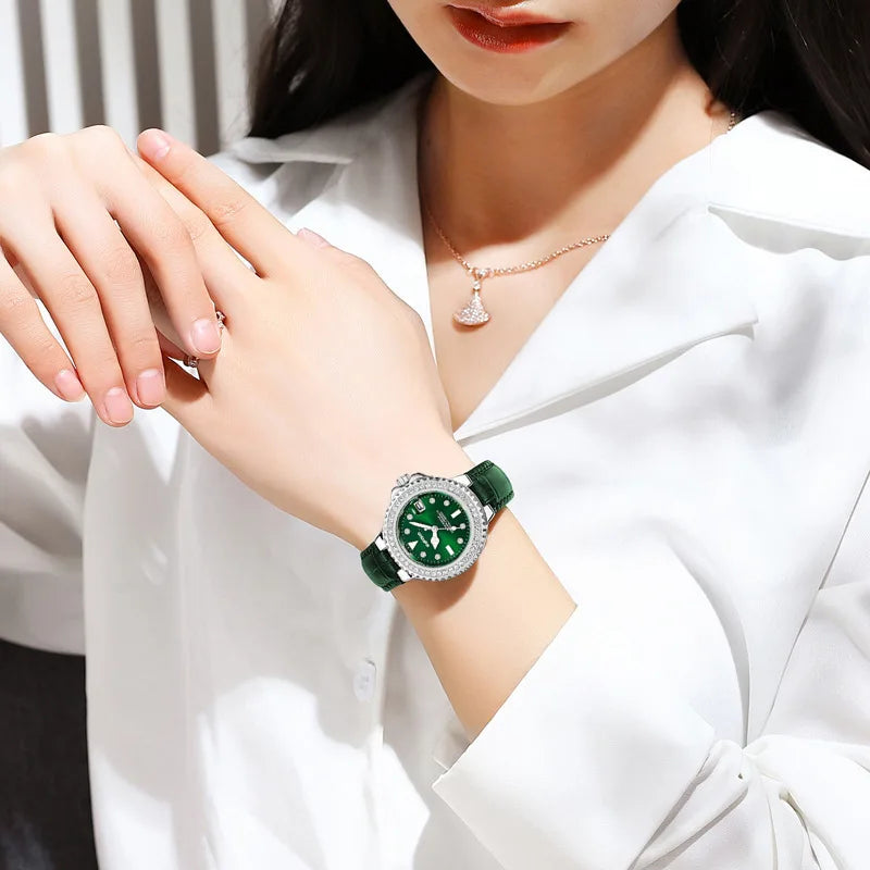 Fashion Diamond Embellished Women Quartz Watch Leather Strap With Calendar Wristwatch Female Watches Casual Ladies Daily Wear