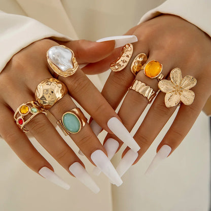 Tocona 2024 New Fashion Luxury Imitation Pearl Open Ring Sets for Women Elegant Gold Color Ring Party Jewelry Accessories