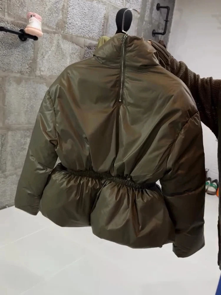 Women's Padded Jackets Hooded Stand Collar Zipper Cropped Coats Winter Female Lantern Sleeves Solid Loose Jacket New Outerwears