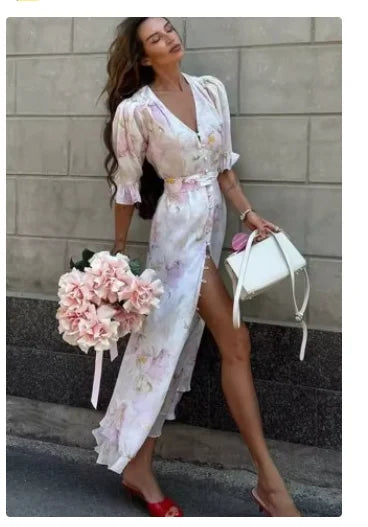 Women Pink Floral Print Maxi Dress Elegant V Neck Ruffle Trim Flare Sleeve Ruched High Chiffon Dresses 2026 Lady Party Vestido