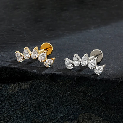 Right Grand ASTM F136 Titanium 5-Pear CZ Crown Cartilage Earring 16G Flat Back Stud Helix Tragus Labret Nose Piercing Jewelry