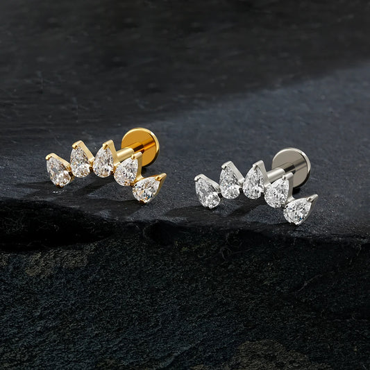 Right Grand ASTM F136 Titanium 5-Pear CZ Crown Cartilage Earring 16G Flat Back Stud Helix Tragus Labret Nose Piercing Jewelry