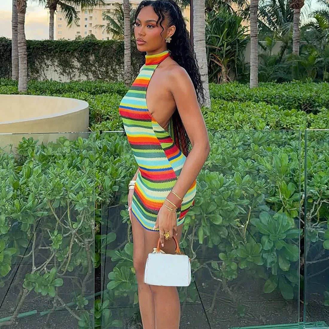 Cryptographic Striped Knit Halter Mini Dress Colorful Contrast Sleeveless Backless Summer Casual Clubwear Bodycon Short Dresses