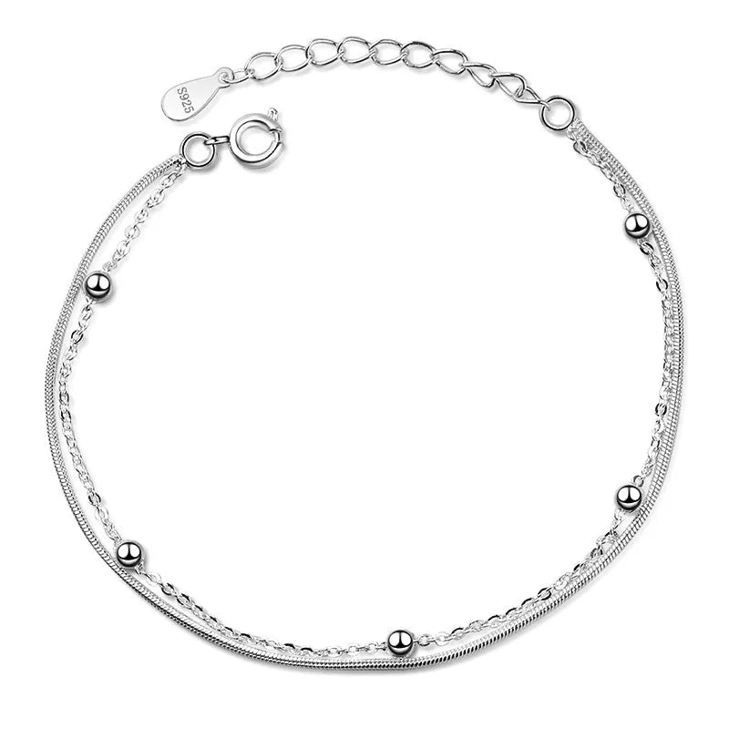 Real Money Korean 925 Sterling Silver 2-layer Smooth Beads Ball Chain Bracelet For Women Girls Homme Wedding Party Jewelry Gift