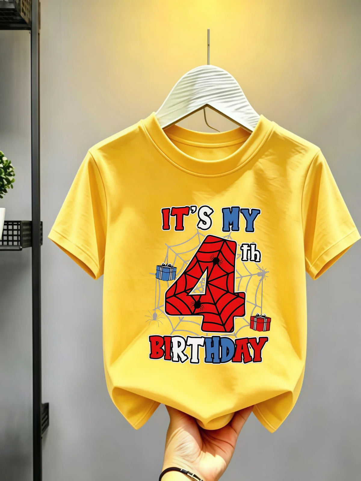 1-10 Years Birthday Spiderweb Gift Hero Print Cotton Short-Sleeve T-Shirt, Suitable for Boys and Girls Daily Wear