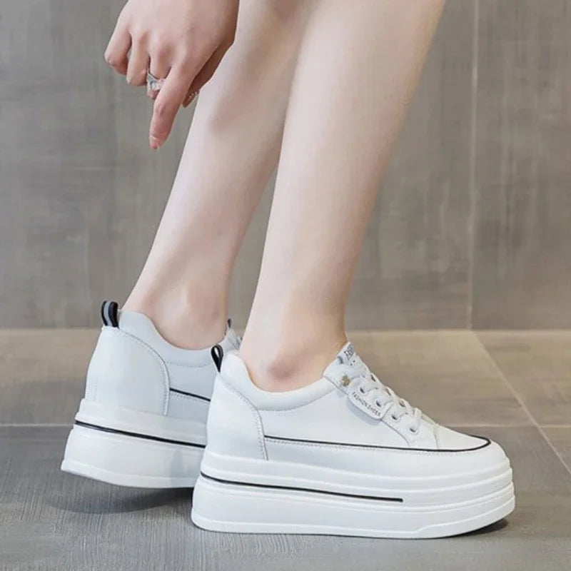 Womens Casual Sneakers Inserted Height Platform Shoes Lace-up Ladies Vulcanized Shoes Leather Breathable Women Shoes Comfortable