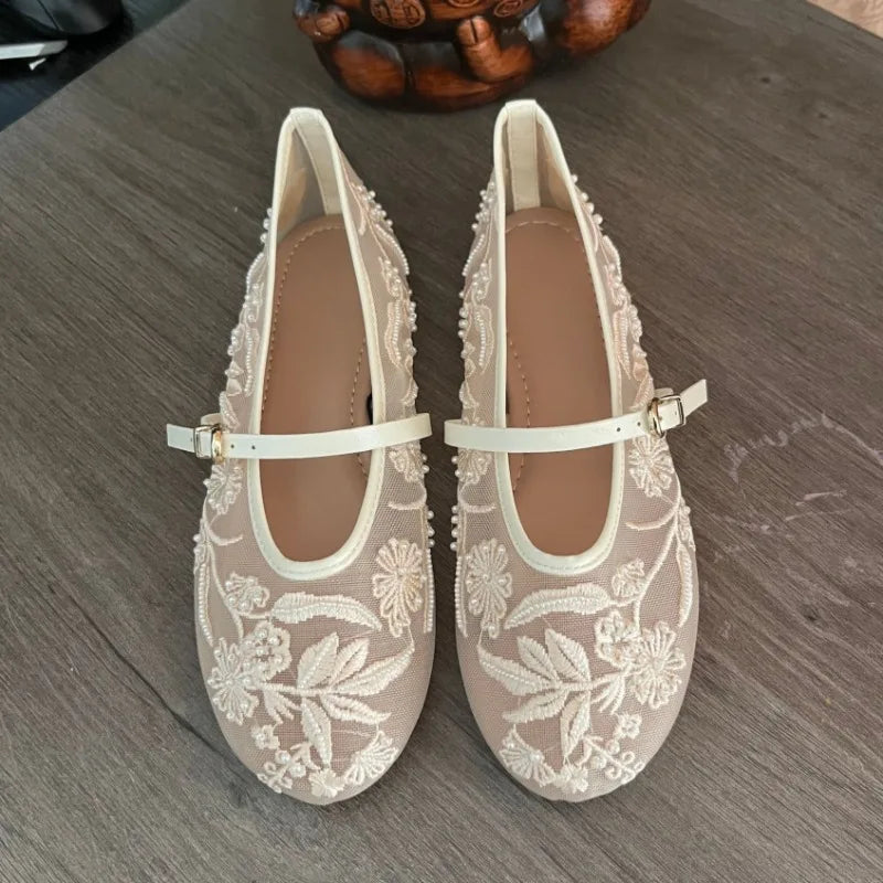 Women's Embroidered Mesh Mary Jane Flats