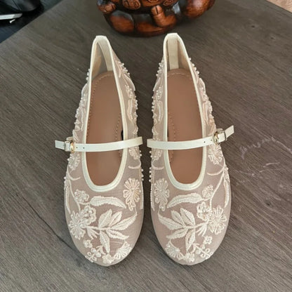 Women's Embroidered Mesh Mary Jane Flats