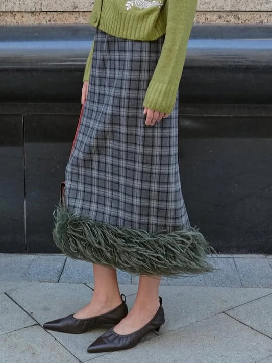 Womens Argyle Knit Sweater 2 Piece Outfit Plaid Midi Skirt With Faux Fur Hem Trim 2026 Autumn Winter Elegant Street Fashion Wear