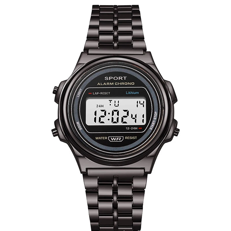 Women Casual LED Electronic Watch Retro Stainless Steel Men Women Unisex LED Digital Watch Multifunction Waterproof Wristwatch