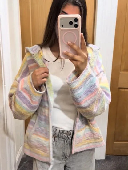 Women Marled Stripe Knit Jacket Pastel Hooded Zipper Long Sleeve Oversized Coat Lady 2026 Autumn Casual Beach Vacation Outerwear