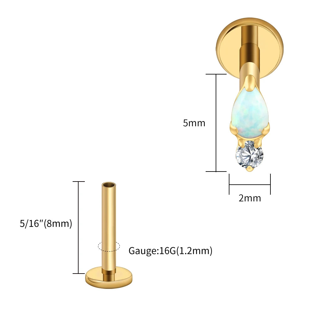 Right Grand ASTM F136 Titanium Teardrop Opal Cartilage Earring 16G Tiny Round CZ Forward Helix Labret Stud Piercing Jewelry