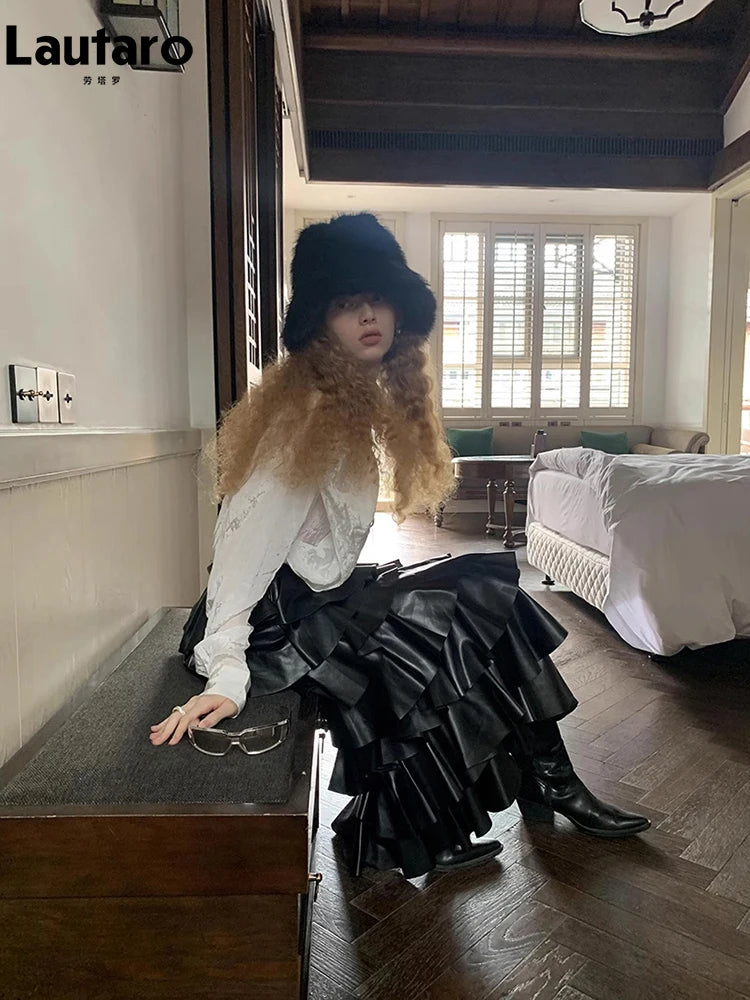 Lautaro Spring Autumn Black Pu Leather Midi Tiered Skirt Women with Elastic High Waist Long Elegant Luxury Designer Clothes 2023