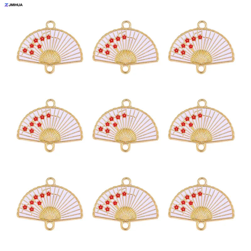 15pcs Enamel Fan Charms Connector Sakura Pattern Pendants For Crafts Jewelry Making DIY Bracelets Earrings Accessories