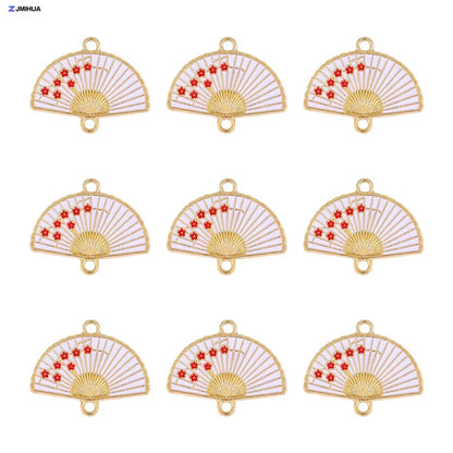15pcs Enamel Fan Charms Connector Sakura Pattern Pendants For Crafts Jewelry Making DIY Bracelets Earrings Accessories