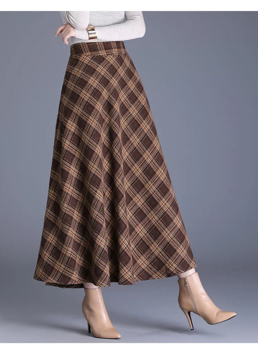 Fairyshely 2026 Winter Brown Plaid Woolen Long Skirt Women Autumn Warm High Waist Midi Skirt Ladies Elegant Thick Pleated Skirt
