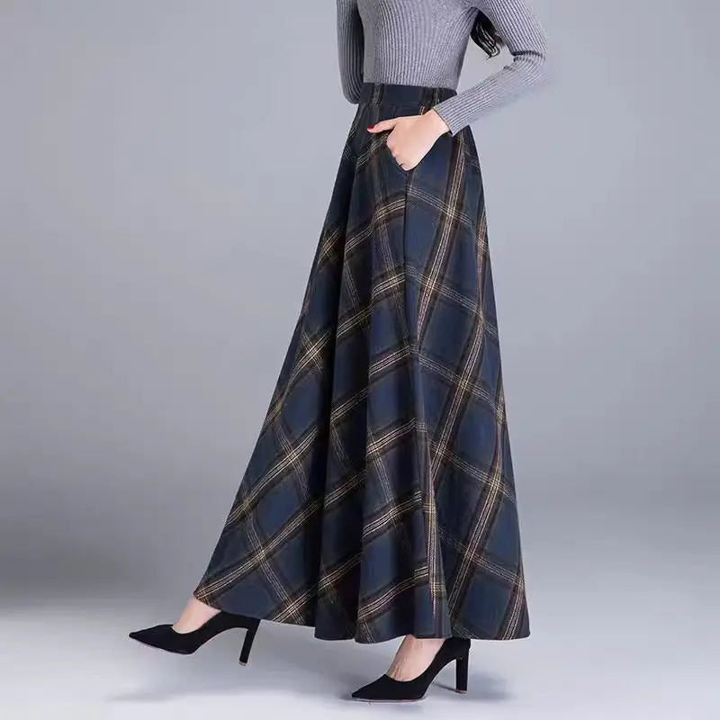 Fairyshely 2026 Atutumn Winter Gray Plaid Woolen Skirt Women Casual High Waist Midi Skirt Lady Elegant A Line Pleated Long Skirt