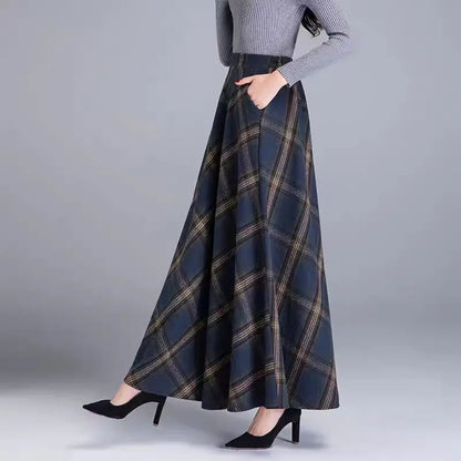 Fairyshely 2026 Atutumn Winter Gray Plaid Woolen Skirt Women Casual High Waist Midi Skirt Lady Elegant A Line Pleated Long Skirt