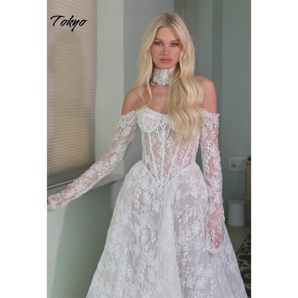 Tokyo Customized White Off the Shoulder Wedding Dress Long Sleeves A-Line Lace Wedding Gown Elegant Floor-Length Bridal Veil