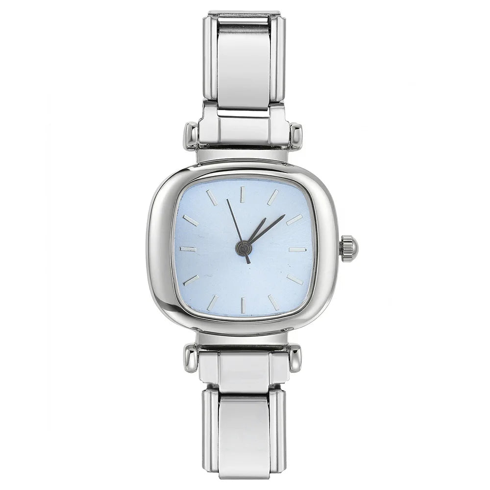 Classic Square Quartz Watch Dial & Connector Stainless Steel Italian Charm Link Fashion Jewelry for Women Men Xmas Gifts ICW070