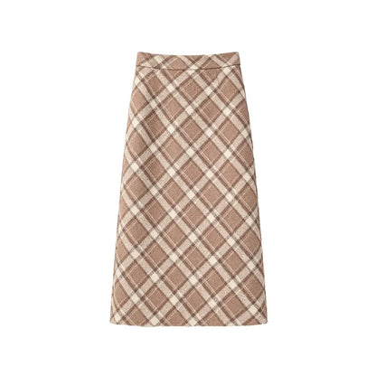 Plaid Woolen Skirts Women New Fashion 2026 Autumn Winter High Waisted Straight Midi Skirts Woman Preppy Style Retro Long Skirt