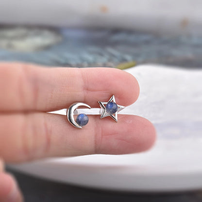 ITSMOS Natural Labradorite Moon Star Earrings Studs Handmade Polish Tarnish Resistant Earring for Women Jewelry Girl Gift