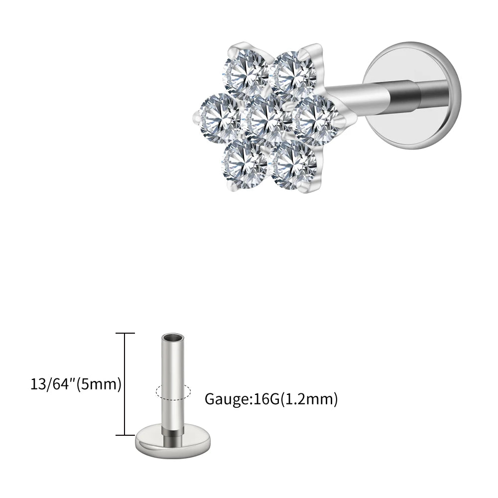Right Grand ASTM F136 Titanium 16G Tiny Flower CZ Stud Earring Tragus Helix Rook Conch Labret Stud Flat back Cartilage Piercing