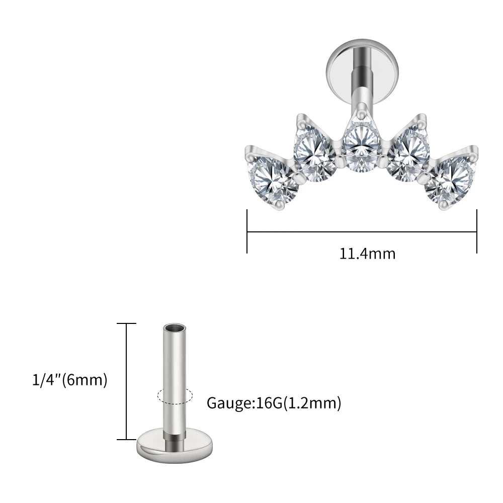 Right Grand ASTM F136 Titanium 5-Pear CZ Crown Cartilage Earring 16G Flat Back Stud Helix Tragus Labret Nose Piercing Jewelry