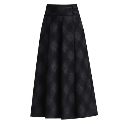 Womens Black Plaid Midi Skirt High Waist A Line Flared Skirt with Pockets Elegant Office Wear