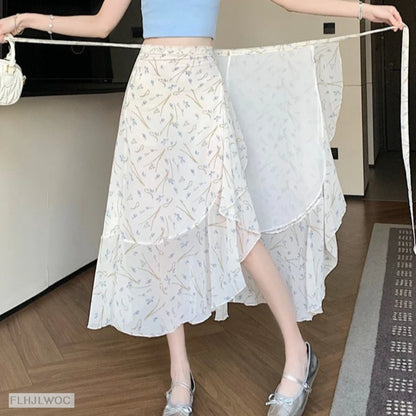 2025 Chic Korea Clothes Summer Women Cute Sweet GIrl Floral Robe Holiday Date High Waist Retro Vintage One-Piece Lace-Up Skirts