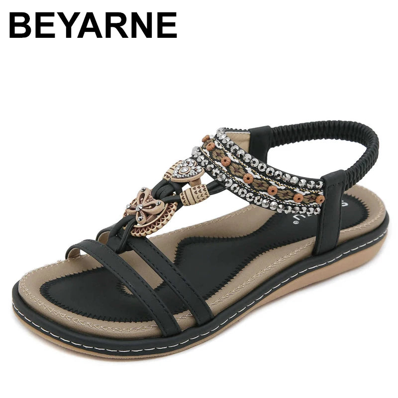Women Sandals Bohemia Flats Shoes Elastic Band Summer Beach Sandals Flip Flops Designer Comfortable Sandals Ladies