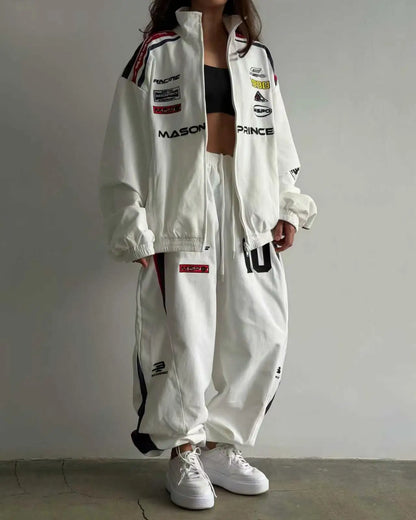 American White Racing Suit Set Women Red White Navy Blue Contrasting Embroidery Loose Jacket Wide Leg Sports Pants Two-piece Set