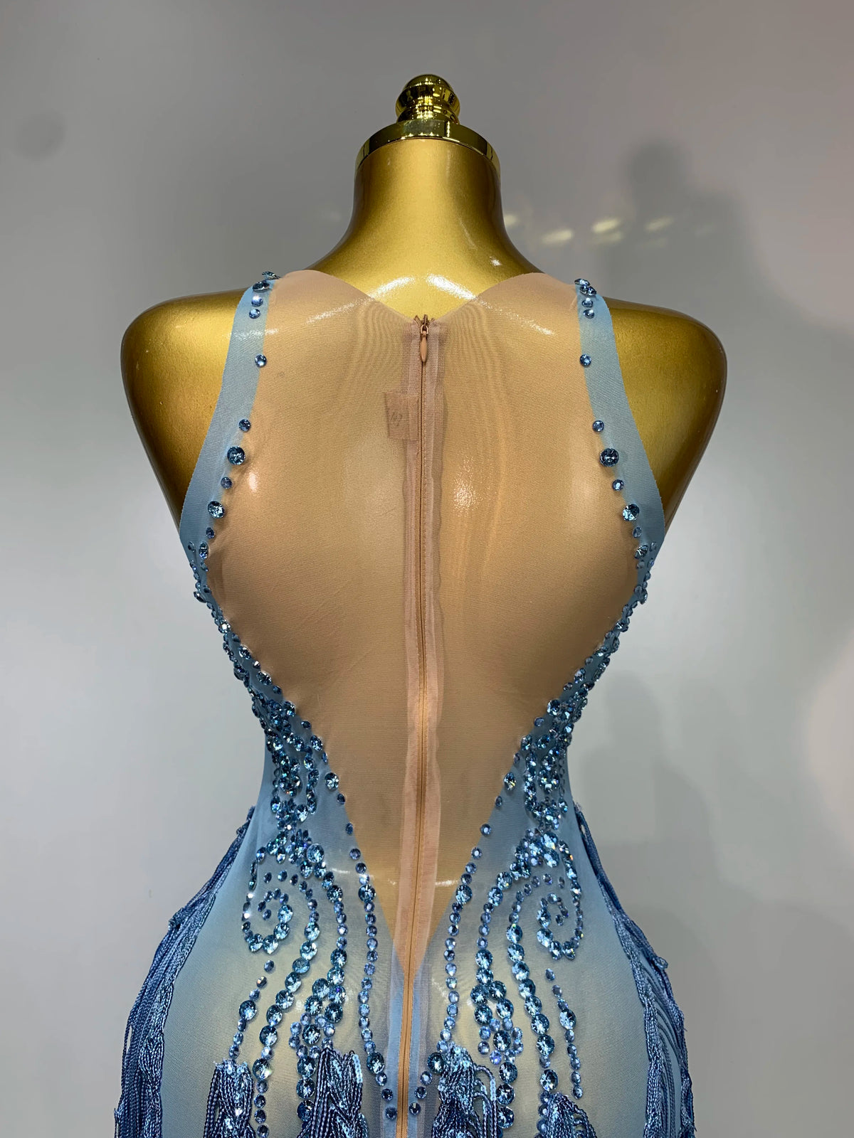 Sparkly Blue Rhinestone Tassel Mesh See Through Dress Pole Dancer Singer Outfit Women Sexy Evening Party Club Stage Costume