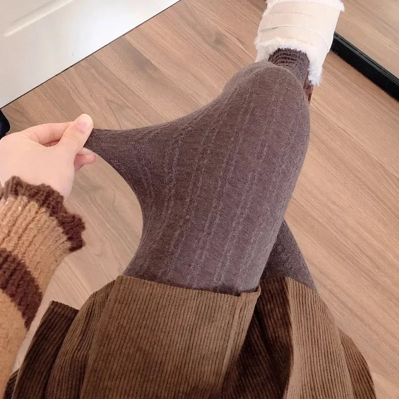 150g Women Vintage Vertical Striped Tights Autumn Winter Thermal Slim Stocking Versatile Leggings Underwear Pantyhose