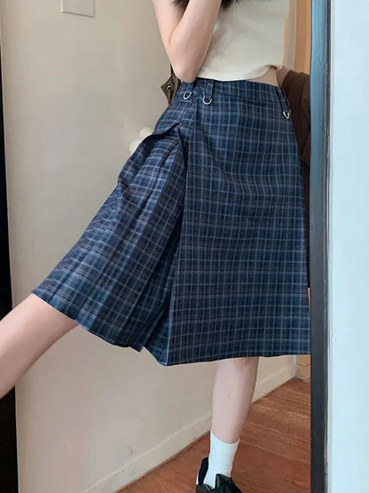Spring Vintage Plaid Midi Skirt Women High Waist Preppy Style Slim Sweet Pleated Skirts Casual Retro Korean Ins A Line Skirt New