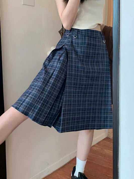 Spring Vintage Plaid Midi Skirt Women High Waist Preppy Style Slim Sweet Pleated Skirts Casual Retro Korean Ins A Line Skirt New