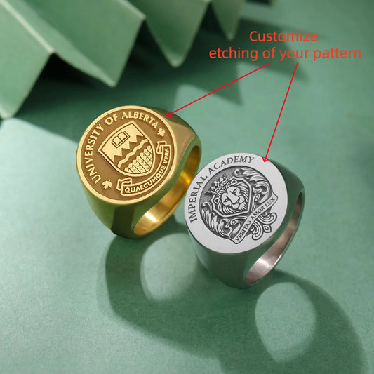 Personalized Etched Signet Ring 18K Gold Plated Custom Logo Family Crest University School Class Ring Engraved Graduation Gifts