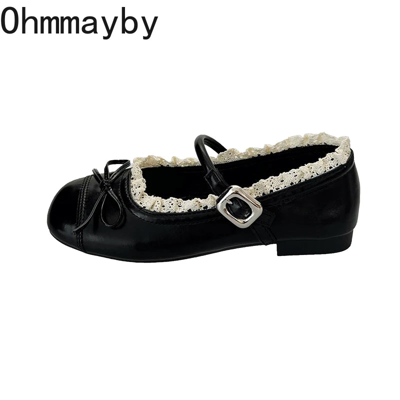 Spring Lace Women Flats Mary Jane Shoes Round Toe Shallow Ladies Casual Ballet Style Shoes Soft Leather Eelgant Dress Shoes