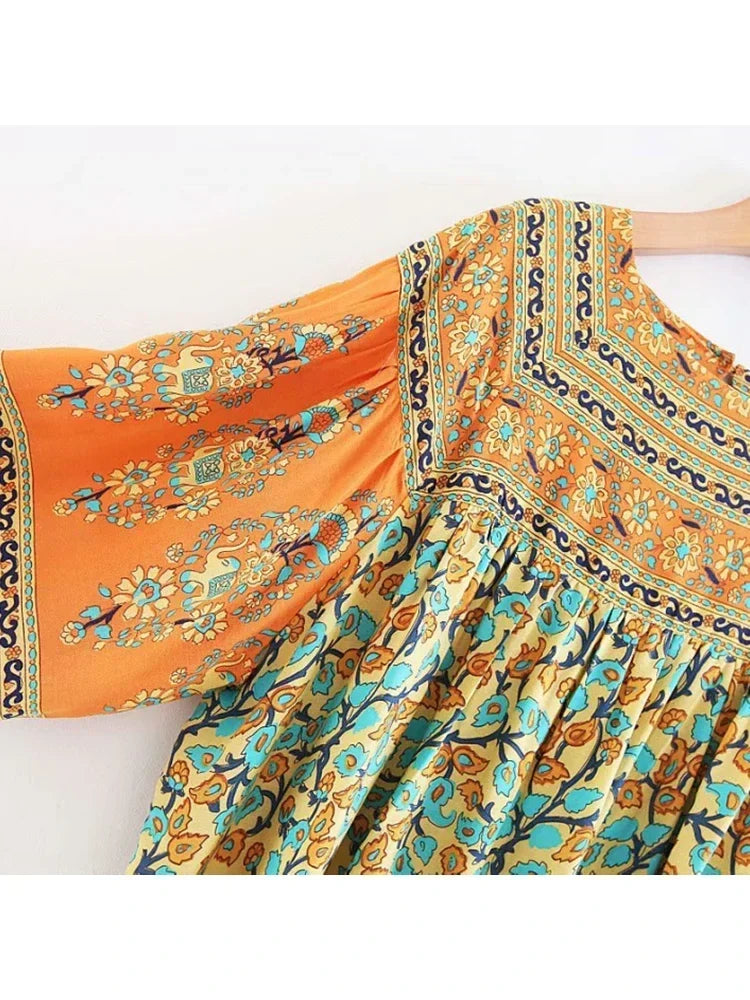 Vintage Chic Women Yellow Floral Print Long Sleeve Bohemian Blouse Shirt Loose Knited Boho Beach Rayon Cotton Blusa Tops