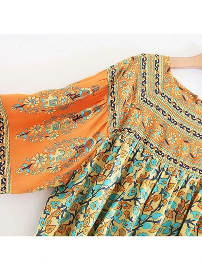 Vintage Chic Women Yellow Floral Print Long Sleeve Bohemian Blouse Shirt Loose Knited Boho Beach Rayon Cotton Blusa Tops