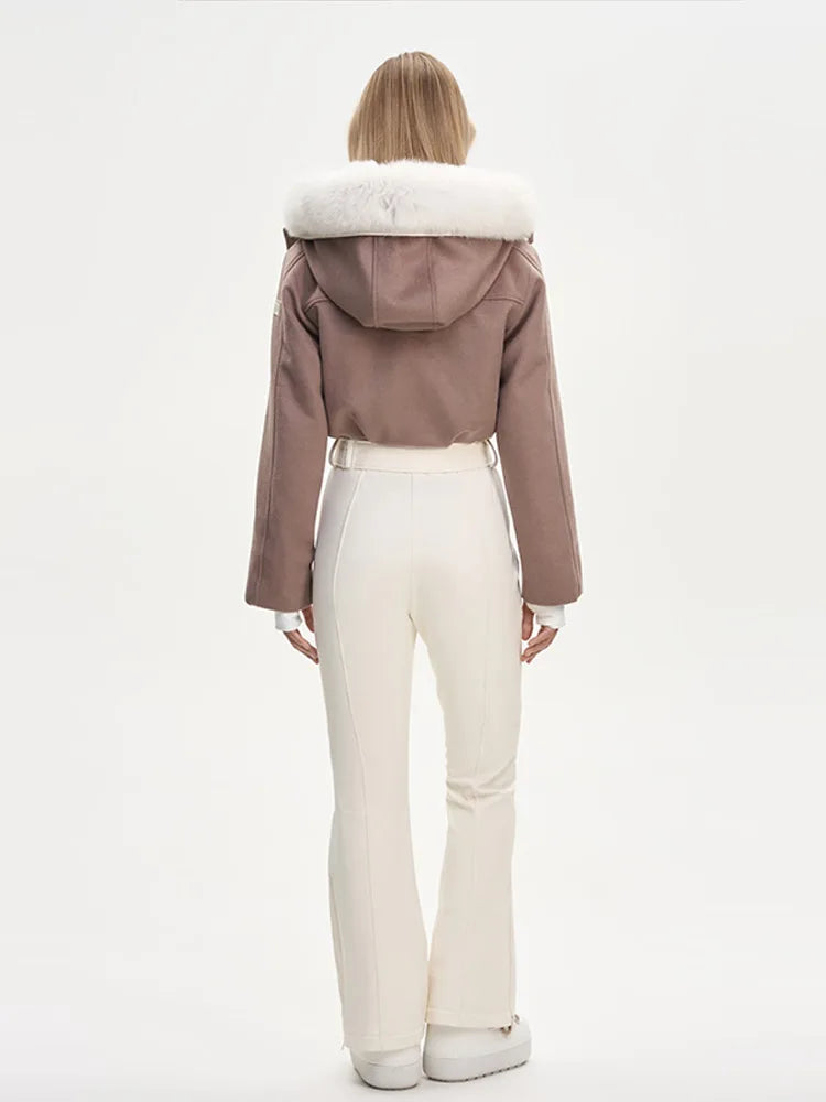Fur Trim Hooded Flap Pocket Wool-Blend Ski Jumpsuit Patchwork Full Length 2025 Winter Fashion New Causal Warm Women Skiwear Set