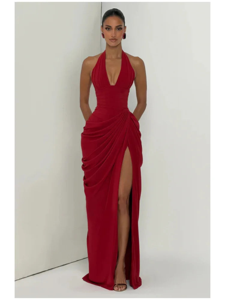 Sexy Solid Pleated Halter Dress Women Fashion Sleeveless Backless Waist-cinching Split Maxi Dresses 2026 Summer Lady Party Gowns