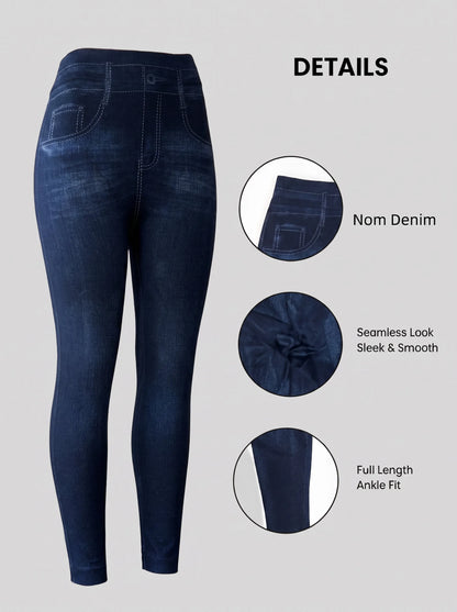 Women's Washed Blue Faux Denim Ankle Leggings High Stretch Pants for Jogging Light Hikes Low-Impact Fitness Daily Wear