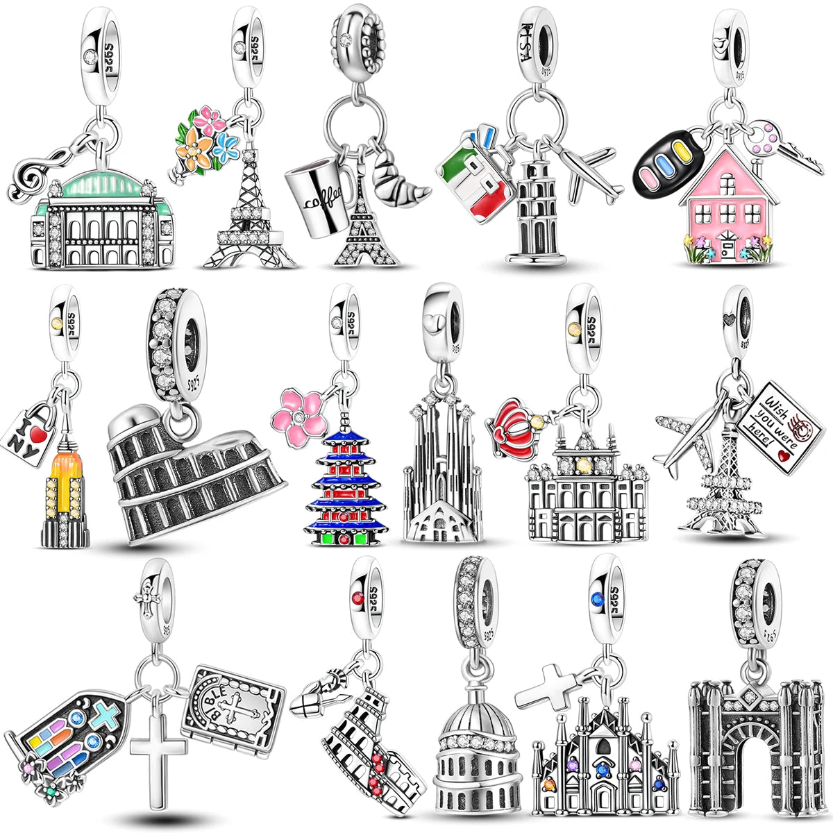 925 Sterling Silver Famous Buildings Charms Bead Milan Cathedral Colosseum Eiffel Tower Dangle Fit Original Bracelet DIY Jewelry