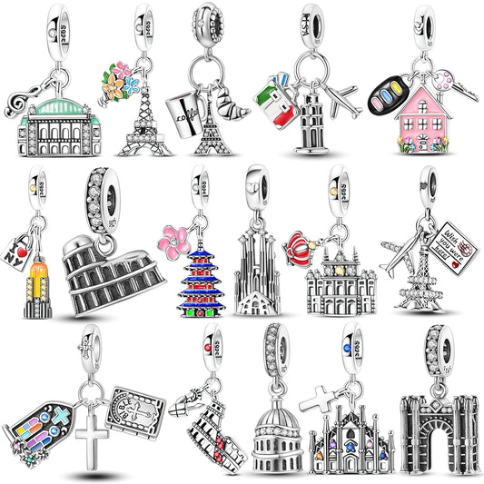 925 Sterling Silver Famous Buildings Charms Bead Milan Cathedral Colosseum Eiffel Tower Dangle Fit Original Bracelet DIY Jewelry
