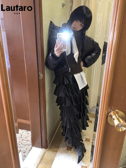 Lautaro Spring Autumn Black Pu Leather Midi Tiered Skirt Women with Elastic High Waist Long Elegant Luxury Designer Clothes 2023