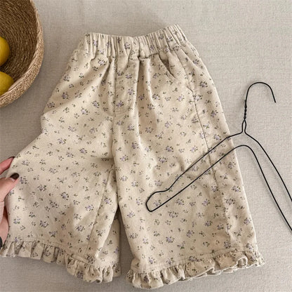 deer jonmi 2026 New Spring Baby Girls Wide Leg Pants Floral Printed Korean Style Corduroy Ruffles Toddlers Kids Casual Trousers