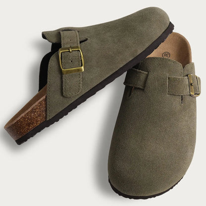 Shevalues Women's Suede Clogs Classic Cork Slippers Leather Mules Men Cork Footbed Sandals Comfort Beach Shoes with Arch Support